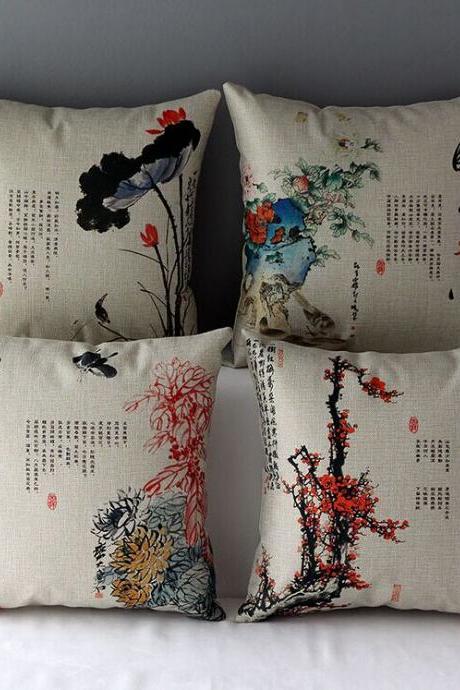 High Quality 4 Pcs A Set Chinese Style Cotton Linen Home Accesorries Soft Comfortable Pillow Cover Cushion Cover 45cmx45cm