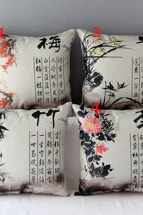 High Quality 4 Pcs A Set Ink Painting Cotton Linen Home Accesorries Soft Comfortable Pillow Cover Cushion Cover 45cmx45cm
