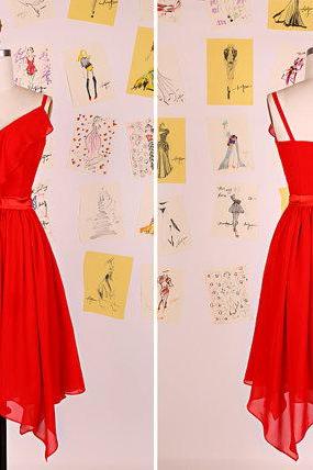 Simple Red Spaghetti Straps Chiffon Short Prom Dress/Simple Bridesmaid Dress/Hi Low Flowy Prom Dress/Short Red Prom Dress DAF0076