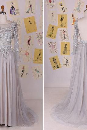 Silver Grey Long Sleeves Beading Lace Appliques Long Prom Dress/luxury Tulle Prom Dress/modest Evening Dress/lace Prom Dress Daf0005
