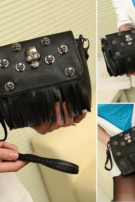 Women Crossbody Shoulder Bag Tote Purse Skull Rivet Punk Tassels Handbag PU New