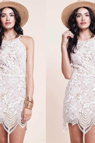 2015 new fashion The New Wave Edge Hollow Halter Straps Lace Dress Swing