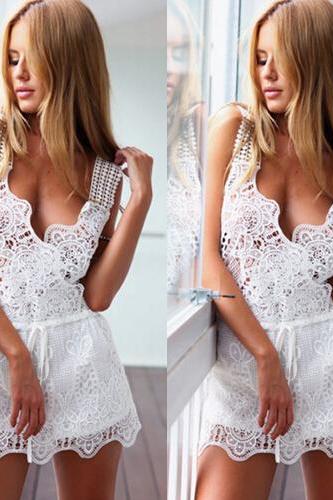 2015 fashion summer V-Neck Perspective Sexy Hook Flower Hollow Embroidered Vest Dress