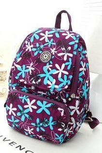 Waterproof Nylon Shoulder Bag Travel Backpack Handbag - Purple Flowers