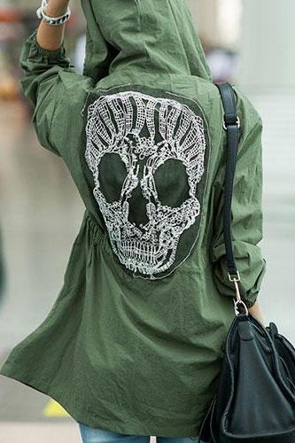 Army Green Lace Skull Detail Back Military Coat Windbreaker
