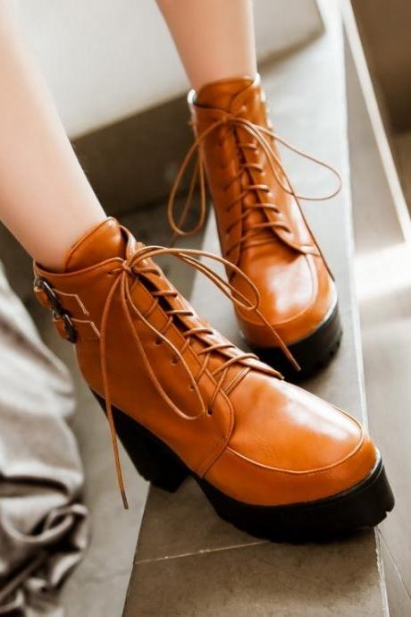 Woman Chunky Heel Lace Up PU Boots(00009 ) BVB2FHPULAR