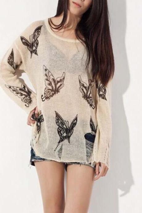 Hot sale Sexy Butterfly Printed Frayed Knit &Sweater
