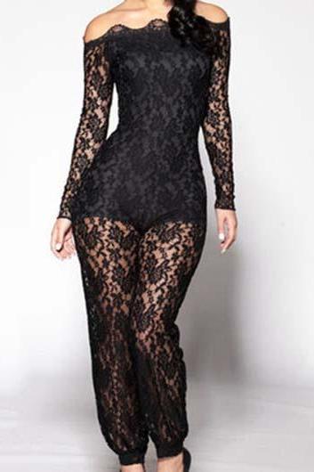 Free shipping Off The Shoulder Semi Sheer Lace Jumpsuits - Black