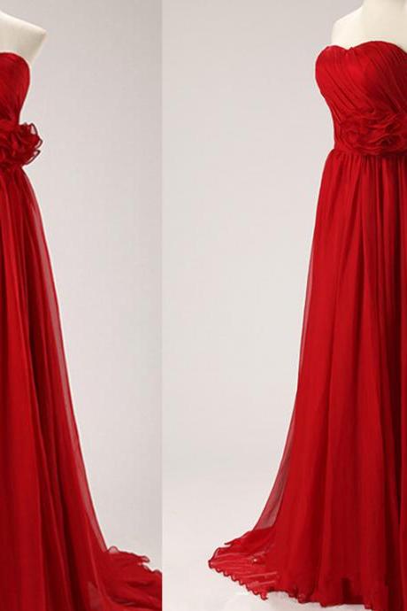 Delicate Red Sweetheart Chiffon Prom Gown, Red Prom Dresses 2015, Bridesmaid Dresses, Evening Dresses