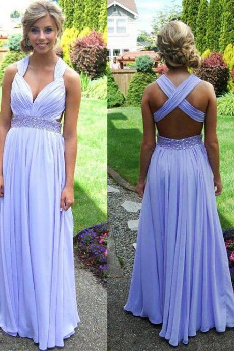 Lavender Prom Dresses 2015 Spring A-line Crisscross Straps Back Sweep Train Crystal Beads Waistband Chiffon Backless Formal Evening Dresses