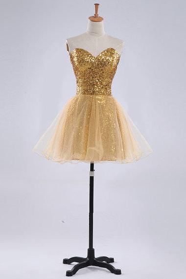 Gold Sequin Sparkly Homecoming Dress, Short Homecoming Dresses, Prom Dress, Cocktail Party Dresses, Sexy Party Dresses, Cute Graduation Dresses