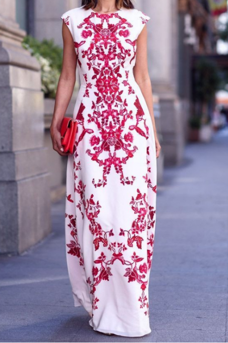 Fashion Round Neck White Printed Chiffon Dress Vg72513mn
