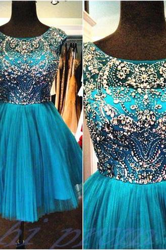 Blue Homecoming Dress,Beading Homecoming Dress,Tulle Homecoming Dress,Cute Short Prom Dress,Cap Sleeves Party Dress,Sweet 16 Dresses