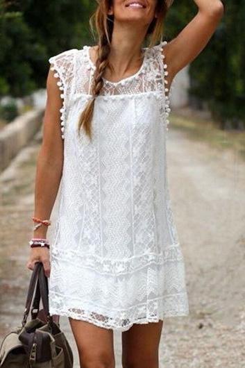 White Round Neck Lace Shift Dress with Pom Pom Trim