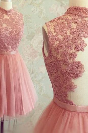 Custom Made Rose Pink Tulle High Neck Cocktail Dresses With Lace Appliques Bodice Short Party Dress