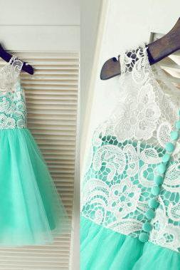 Turquoise Aqua Blue Tulle Ivory Lace Flower Girl Dress Children Toddler Dress For Wedding Junior Bridesmaid Dress
