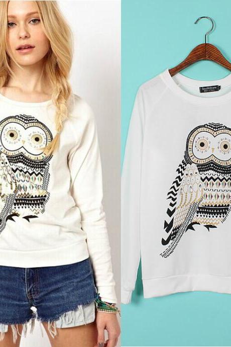 women Fashion Rhinestone Owl Printed Sleeve Sweater for 2015 Fall and winter