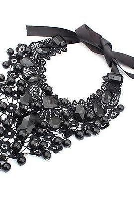Fashion Jewelry Pendant Chain Crystal Choker Chunky Statement Bib Necklace Black