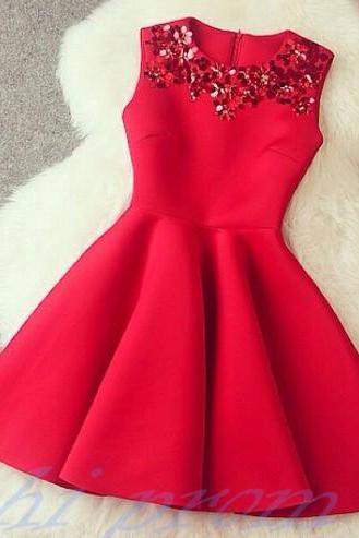 Red Homecoming Dress,Short Homecoming Dresses,Satin Homecoming Gowns,Sweet 16 Dress,Red Beading Homecoming Dresses,Casual Party Dress