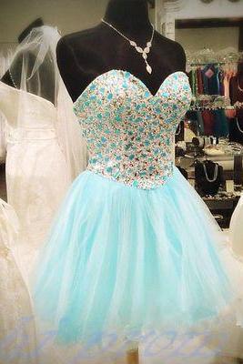 Light Blue Homecoming Dress,Beading Homecoming Dress,Tulle Prom Dress,Short Prom Gown,Gold Beading Formal Dress,2015 New fashion Sweet 16 Dresses