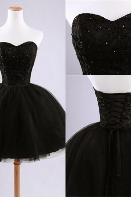 Free shipping Black Puffy Real Image Short Cute 2015 Prom Dresses Sweetheart Neck Backless Applique Tulle Sleeveless Elegant Prom Dresses Gowns Party