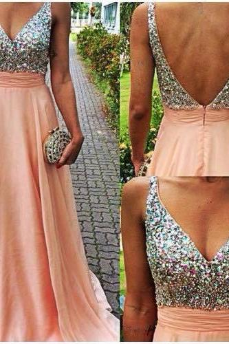 Ulass Lovely Light Pink V-neckline Backless Floor Length Prom Dresses 2015 With Rhinstones, Prom Dresses 2015, Prom Gown, Evening Dresses