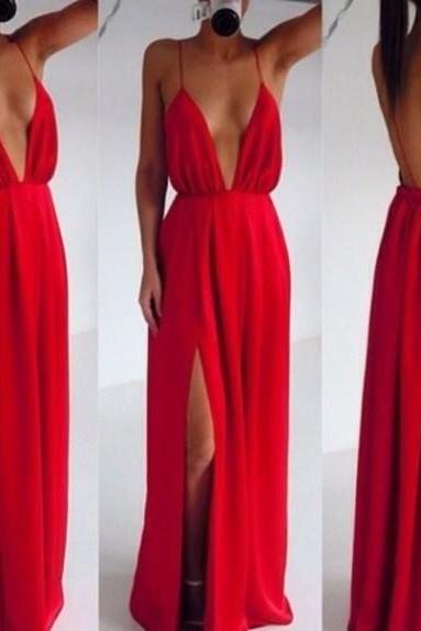 Ulass Custom Made Red Backless V Neck Prom Dresses 2015, Red Backless Formal Dresses, Backless Evening Dresses