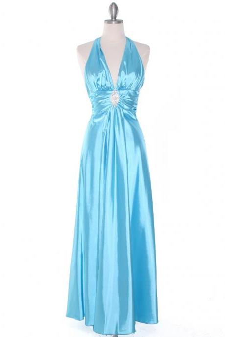 2015 Prom Dresses And Evening Dress Of Bridesmaid Dresses Blue Satin Halter Evening Gown