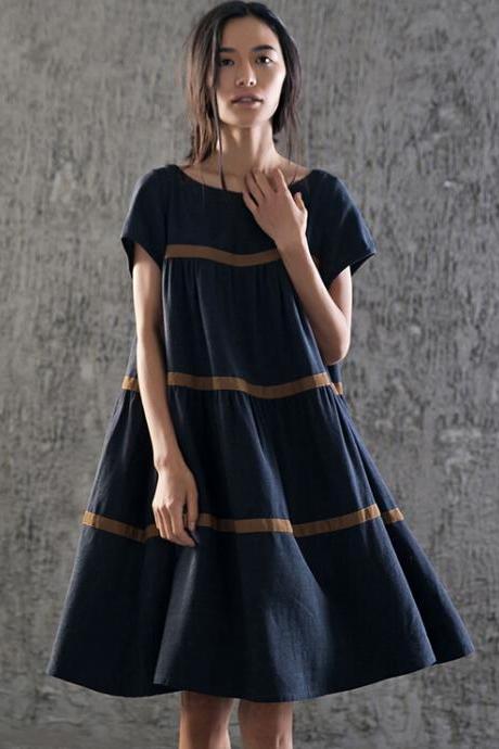 Navy Blue Stripe Short Sleeve Shift Dress, Plus Size Dress