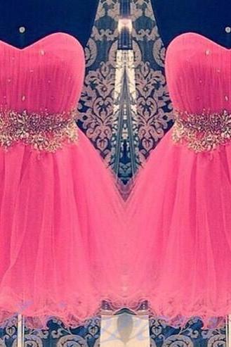 Bright Pink Homecoming Dress,White Prom Dresses,Tulle Homecoming Gowns,Short Prom Gown With Gold Beading Cocktail Dress,White Homecoming Dresses 2015 For Teens