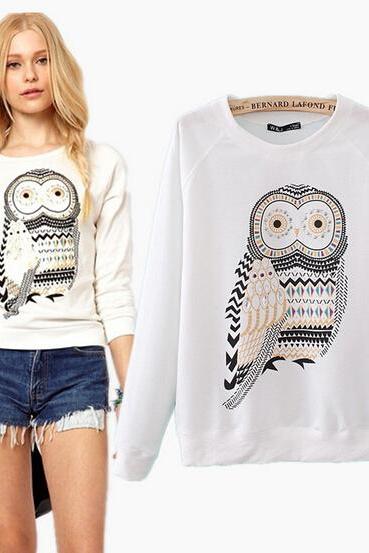 2015 New hot sale Fashion Rhinestone Owl Printed Sleeve Sweater for women