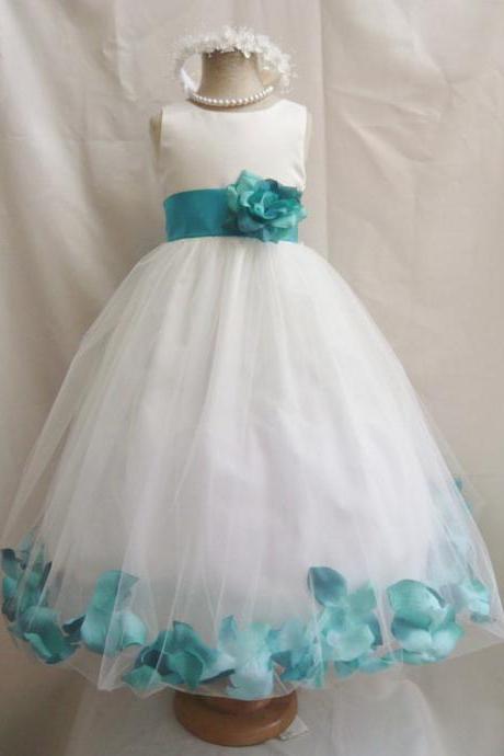 2015 Flower Girl Dresses with Teal Rose Petal Dress Wedding Easter Bridesmaid - For Baby Children Toddler Teen Girls