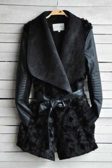 RSSLyn Black Leather Jackets for Women Black Coat Rabbit Fur Jacket Winter Protection Black Jacket for Women
