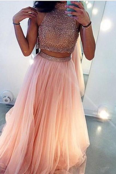 Custom Made 2 Pieces Pink Long Prom Dresses, Long Party Dresses
