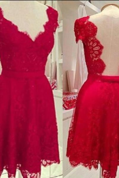 Custom Made V Neck Red Short Lace Prom Dresses, Short Lace Formal Dresses, Lace Homecoming Dresses