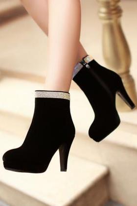 Rhinestone Embellished Classy Black Fashion Boots