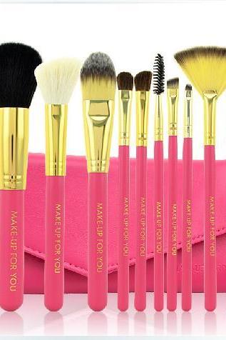 10 PCS Professional Makeup Brush Set With Leather Case - Rose