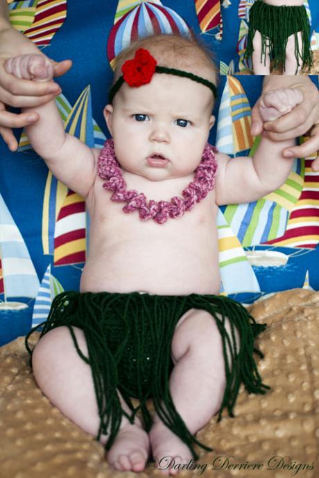 Hula Skirt, Lei, and Flower Headband Diaper Cover Crochet Pattern