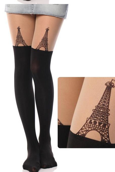 Eiffel Tower Pattern Print Tail Tights Stockings Pantyhose For Spring and Summer