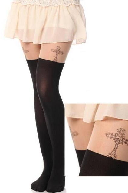 Cross Pattern Print Tail Tights Stockings Pantyhose For Spring and Summer