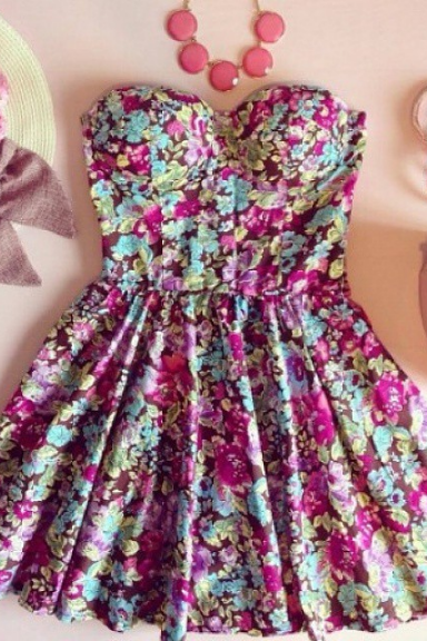 Strapless Skater Bustier Floral Print Summer Dress We8406po
