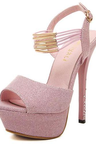 Cheap Fashion Peep Toe Platform Stiletto Super High Heel Pink Ankle Strap Sandals 