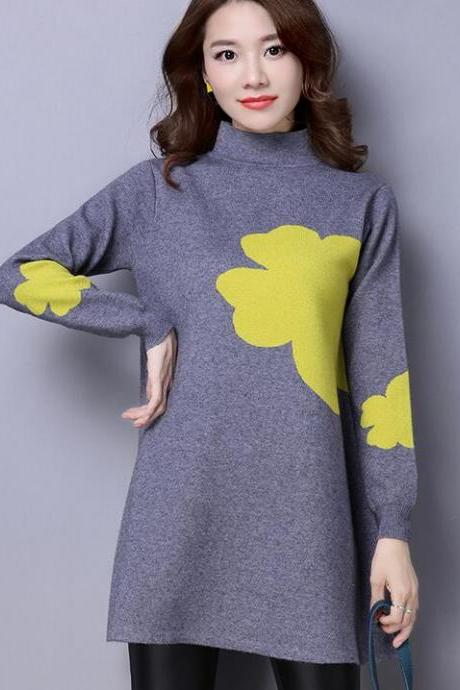 New Winter PrintingLoose Knit Female Long Sleeved Sweater - Grey