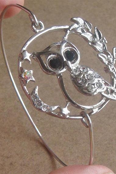 Owl Branch Bangle Bracelet, Simple Everyday Jewelry, Elegant gift, Bridesmaid Gift, Bridal Wedding Jewelry