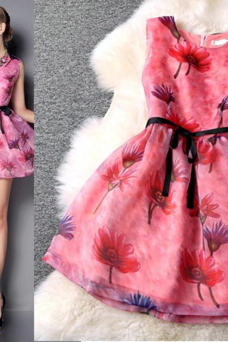 Hot sale Elegant Fluorescent Color Printing Lotus Lace Slim Temperament Dress