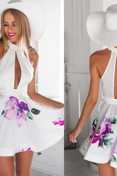 Sexy V-neck Sleeveless Print Halter Dress