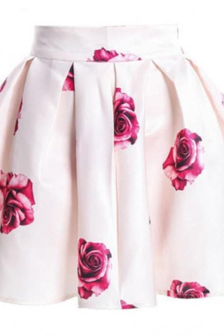 Rose Floral Print Pleated Mini Skater Skirt