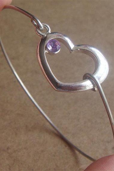 Purple Rhinestone Heart Bangle Bracelet, Simple Everyday Jewelry, Elegant gift, Bridesmaid Gift, Bridal Wedding Jewelry