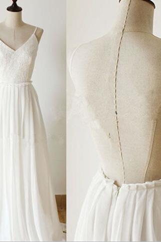 Delicate White Chiffon Backless Prom Dress With Lace, Backless Prom Dress , Prom Gown , Evening Dresses