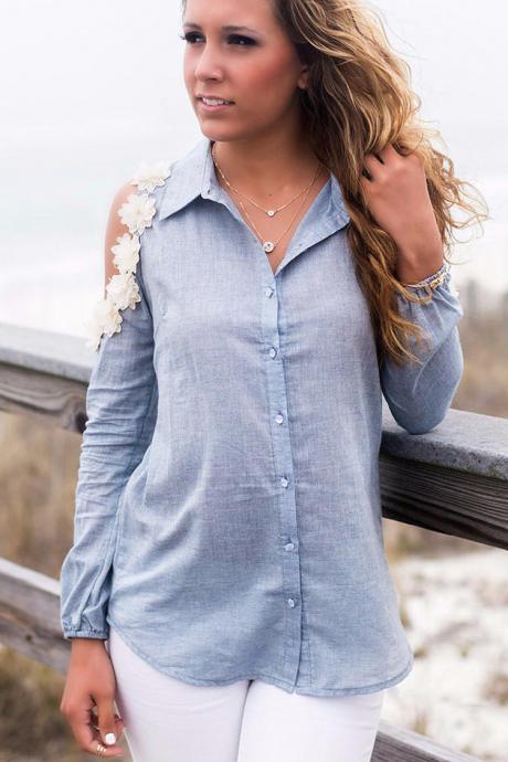 Women&amp;#039;s Open Shoulder Long Sleeve Slim Blue Jean Denim Shirt Tops Blouse